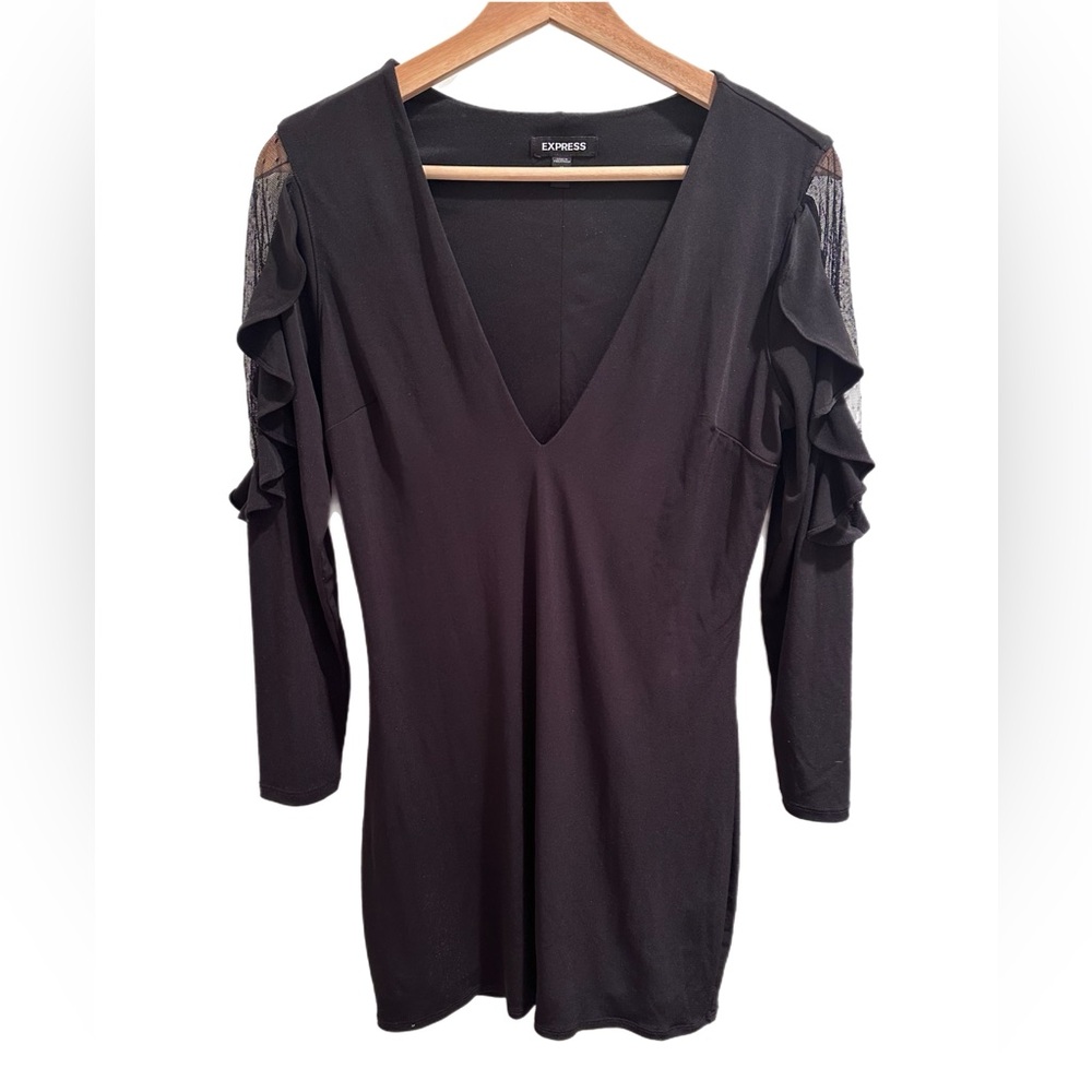 Express Black V-Neck Mini Dress with Ruffle Sleeves
